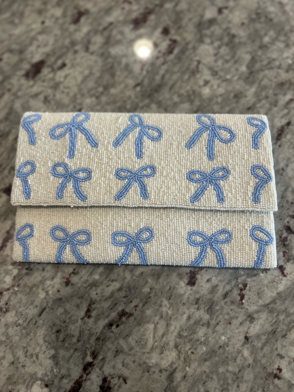 Beaded Bow Pattern Clutch in Cream and Light Blue